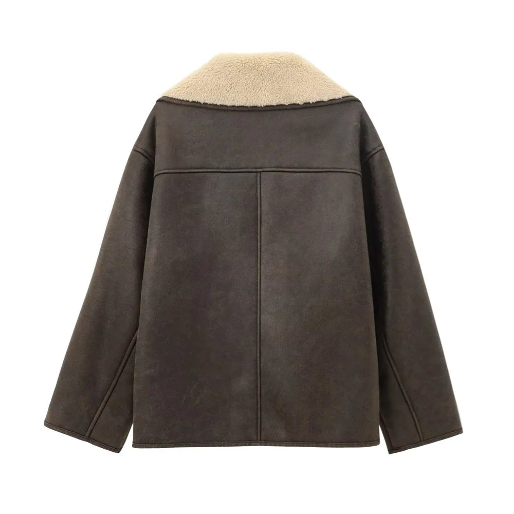 Women's Cozy Faux Leather Jacket with Fleece Collar