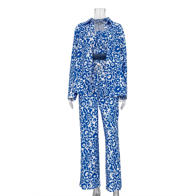 Women's 3-Piece Set: Long Sleeve Blouse, Sleeveless Tube Top, and High Waist Pants