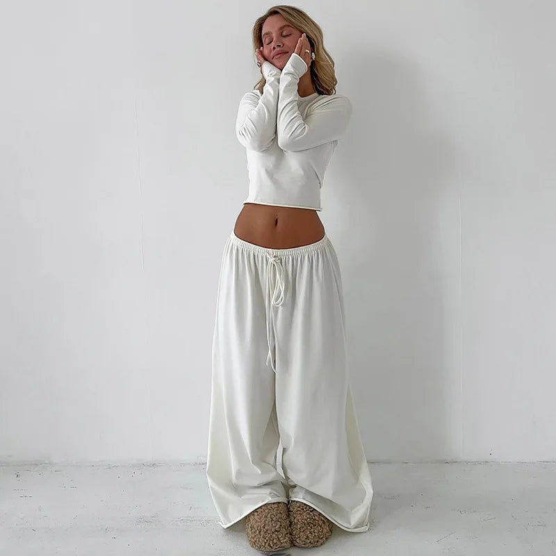 Women's Two-Piece Cropped Sweater and Loose Fit Long Pants Set
