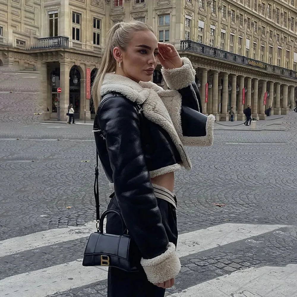 Women's Black Cropped Faux Leather Jacket with Wool Blend