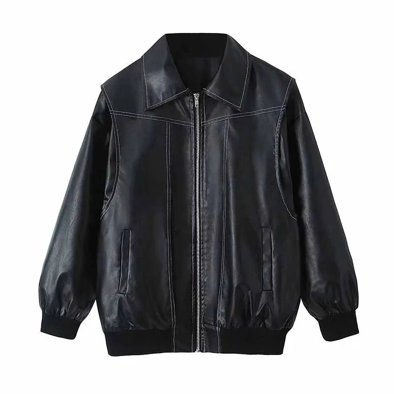 Women's Zipper PU Leather Jacket with Stitch Lapel - Loose Fit