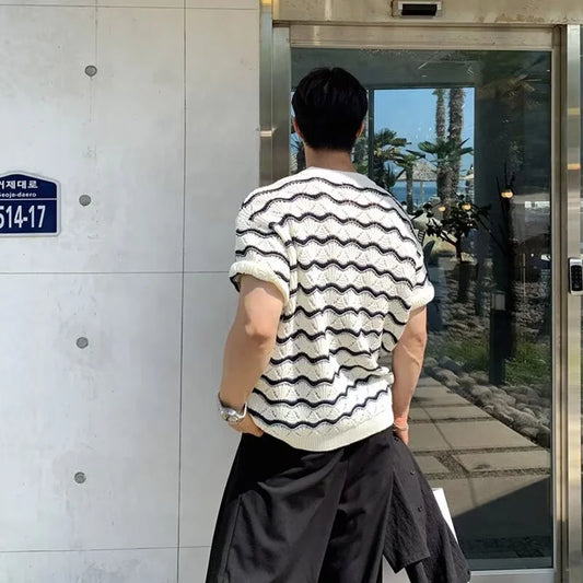 Men's Knit Jacquard Striped Hollow-Out Casual T-Shirts