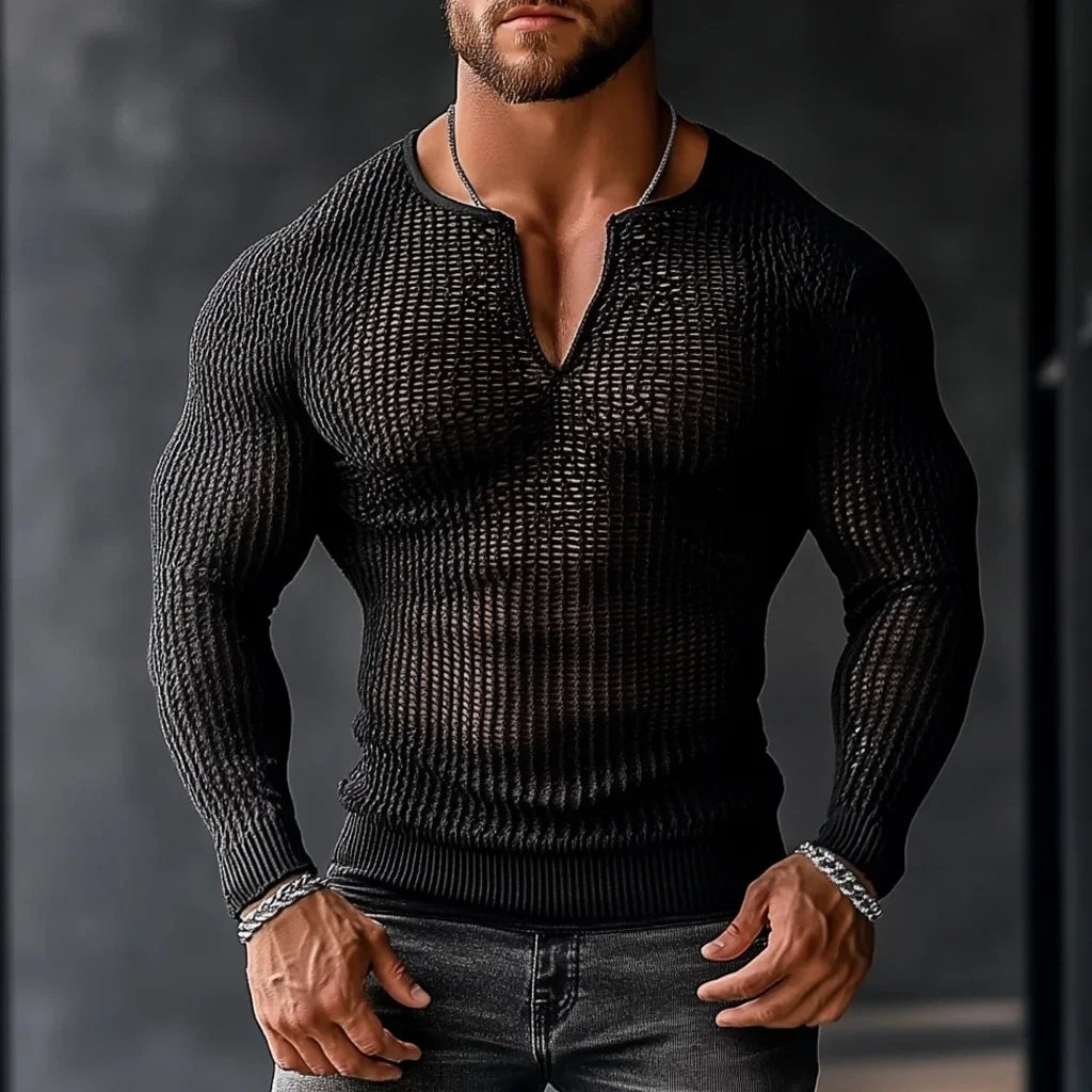 Men's Casual Transparent Mesh Long Sleeve Sweater – Breathable, Stylish, and Comfortable Knit Top