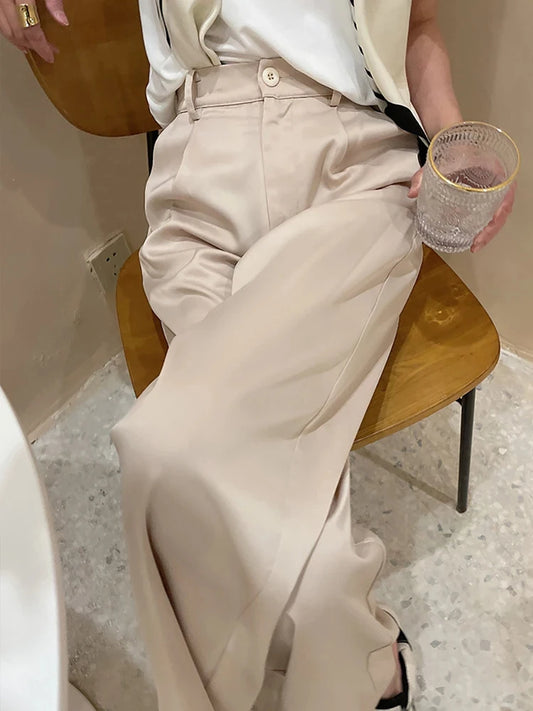 Elegant High-Waist Satin Wide-Leg Pants for Women - Chic Straight-Leg Trousers