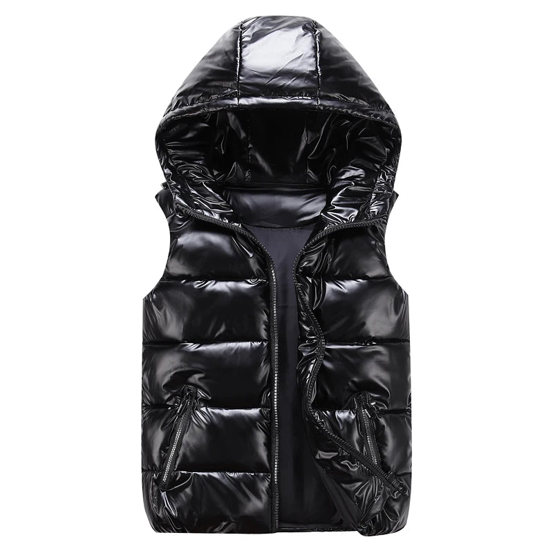 Men's Glossy Hooded Vest Jacket with Zipper Pockets - Classic Fit