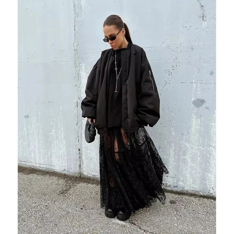 Chic Long Transparent Black Lace Skirt for Women