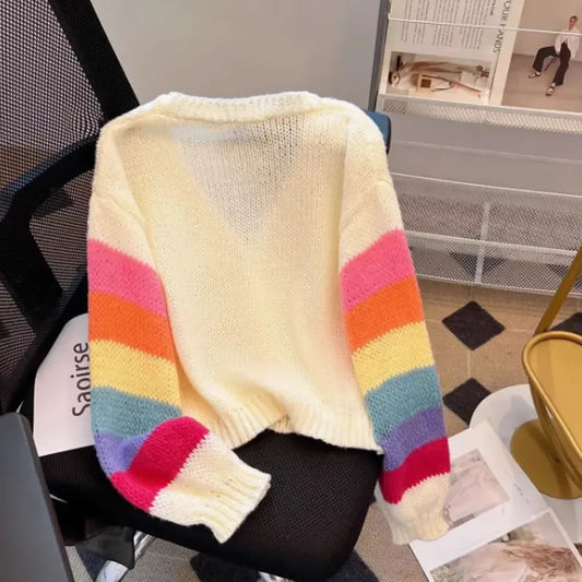Rainbow-Striped Knitted Women's Cardigan with Button Closure