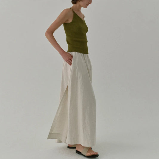 Women's Vintage Side Split Cotton-Linen Skirt with Double Pockets & Elastic Waist