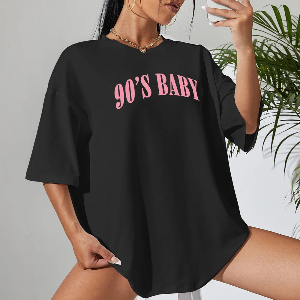 90s Baby Creativity Letter Graphic Tee - Oversized Women's Cotton T-Shirt