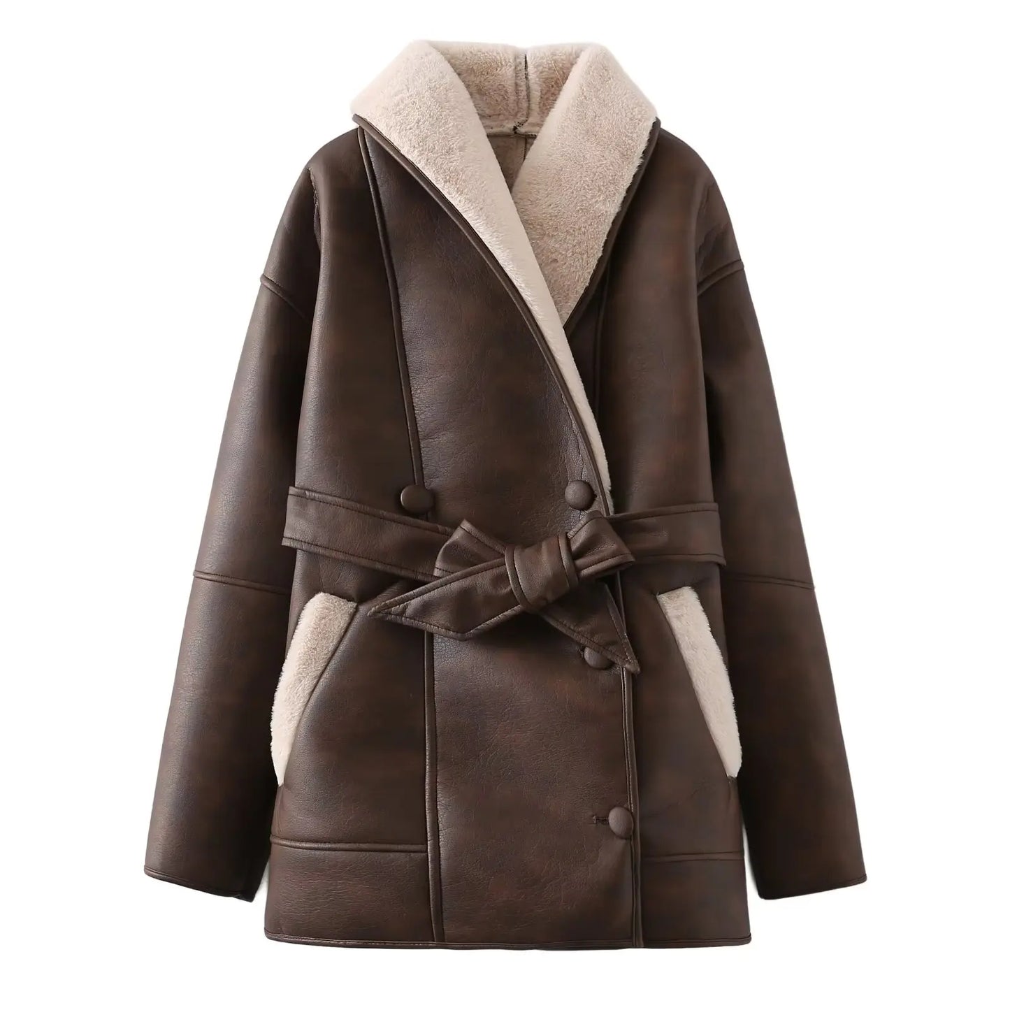 Women's Faux Leather Fleece Collar Jacket with Belt
