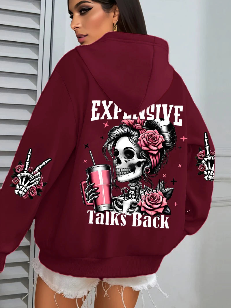 Women's "Expensive Talks Back" Printed Hoodie Sweater - Loose Fit