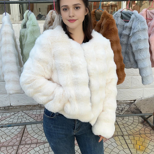 Women's Short Faux Fur Coat – Plush Imitation Fur Jacket