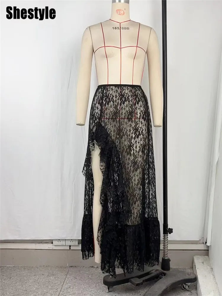 Shestyle Women's Lace Transparent Long Skirt with Asymmetrical Floral Ruffles