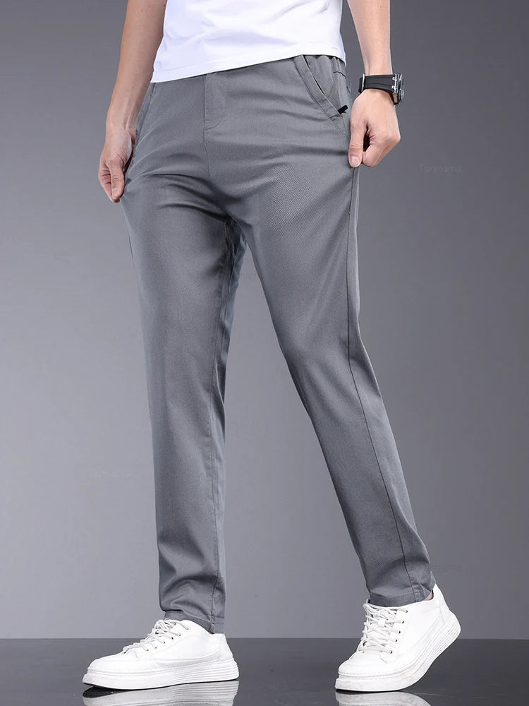 Men's Slim Straight Trousers - Soft, Thin, Bamboo Fiber Fabric with Elastic Stretch