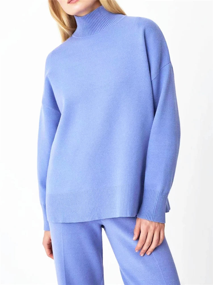 Women's Knitted Turtleneck Sweater and Straight Pants Set