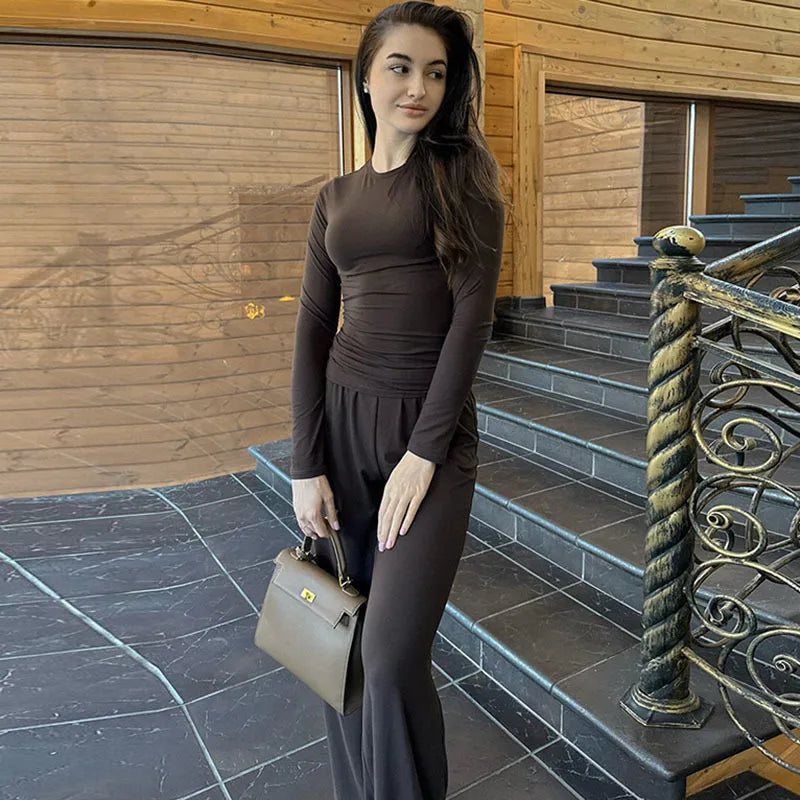 Women's Two-Piece Pleated Casual Sweater Set with Round Neck Long Sleeve Top & High-Waisted Wide Leg Pants