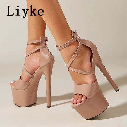 Women’s  Ankle Strap Platform Heels - 17CM High Open Toe Faux Leather Shoes