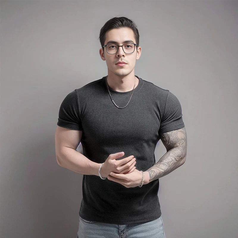 Men's Short Sleeve T-Shirt with Half High Collar – Slim Fit Casual Top for Men