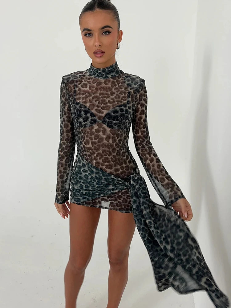 Women’s Sheer Leopard Print Turtleneck Mini Dress with Long Sleeves
