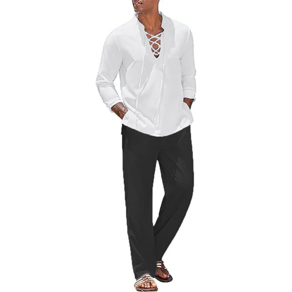 Two Piece Men's Cotton Linen Shirt and Pants Set