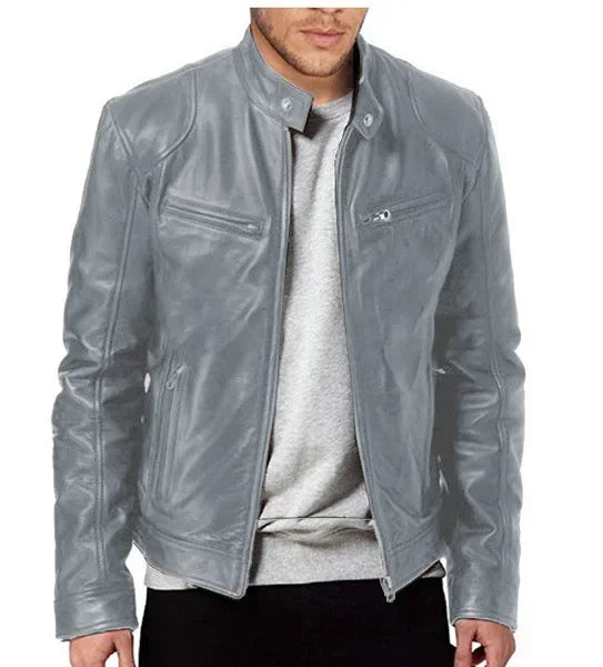Men's Slim Fit Faux Leather Motorcycle Jacket - Short Lapel PU Coat with Zipper