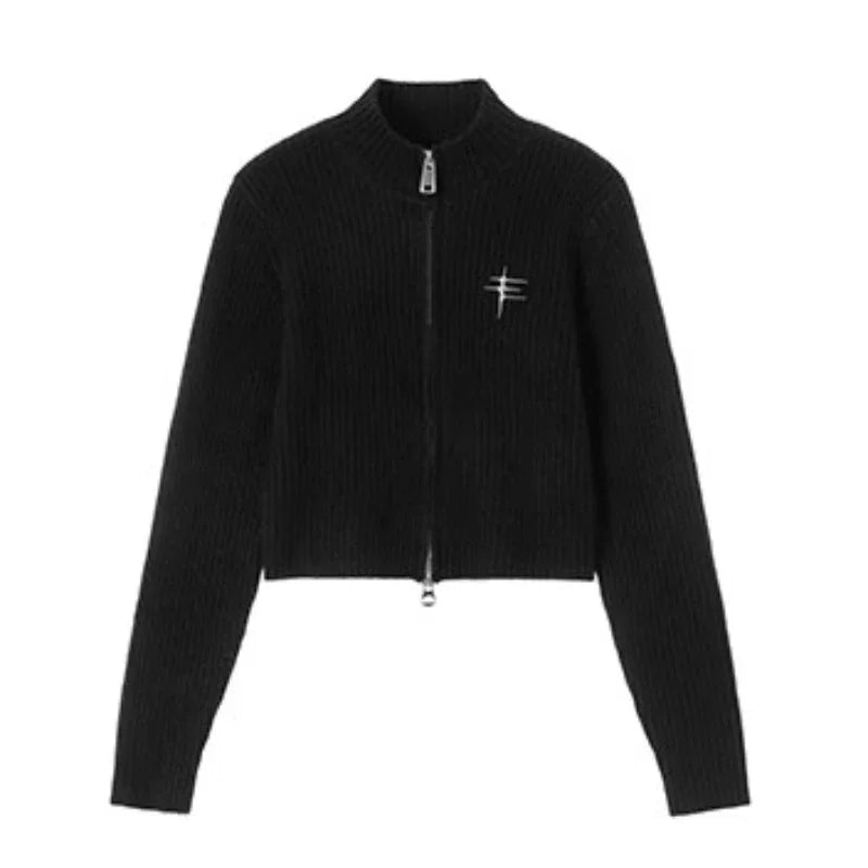 Women's Vintage Zipper Cardigan - Cropped Knit Sweater for Women