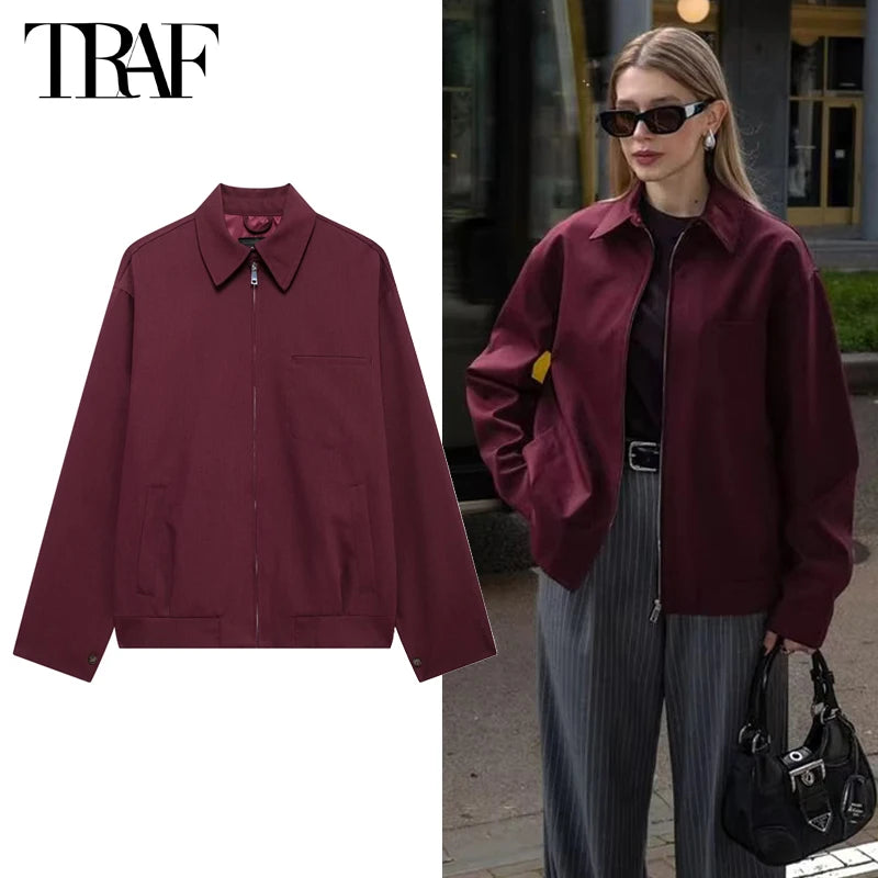 Women's TRAF Zipper Jacket – Oversized Overcoat, Casual Loose Fit for Women
