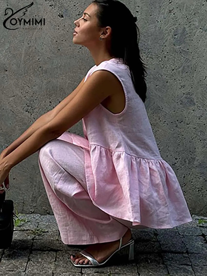 Women's 2-Piece Blue Cotton Linen Set: V-Neck Backless Halter Lace-Up Vest and Straight Pants