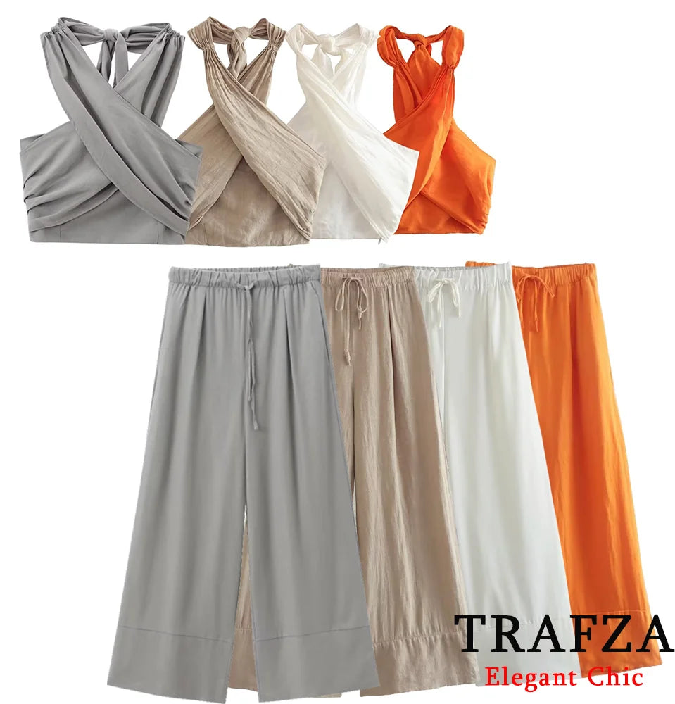 TRAFZA Women's Halter Neck Crossover 2-Piece Camisole and Pants Set