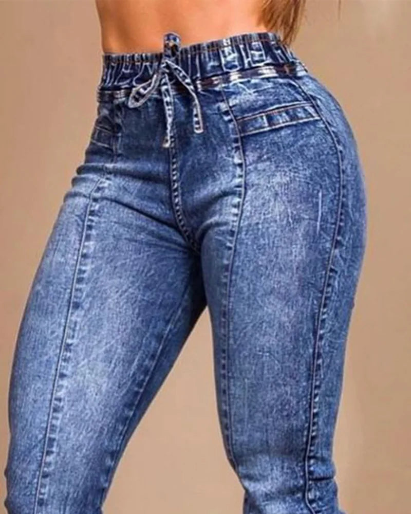 Women's Slim Fit Elastic Waist Pencil Jeans with Zipper - Comfortable Stylish Denim Pants