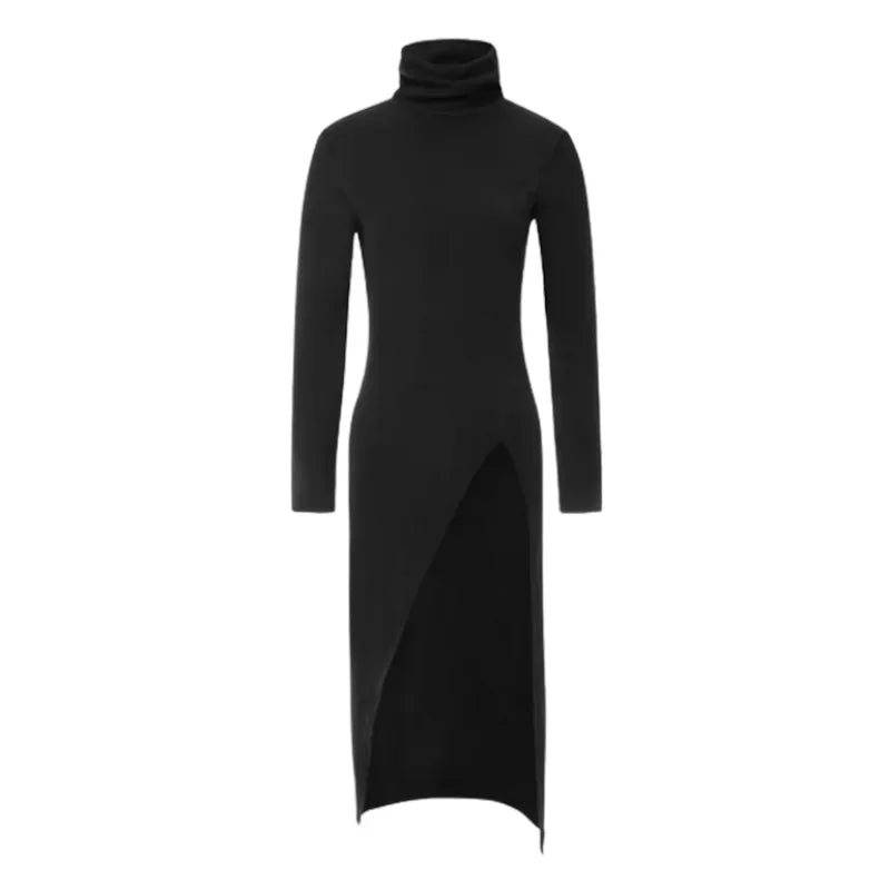 Women's Skinny Fit High-Neck Sweater Dress with Side Slits