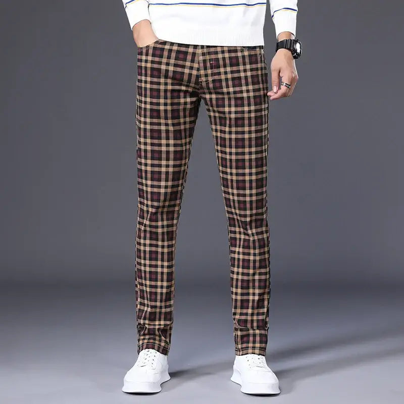 Men's Slim Fit Classic Pants - Stretch Cotton Checkered Trousers