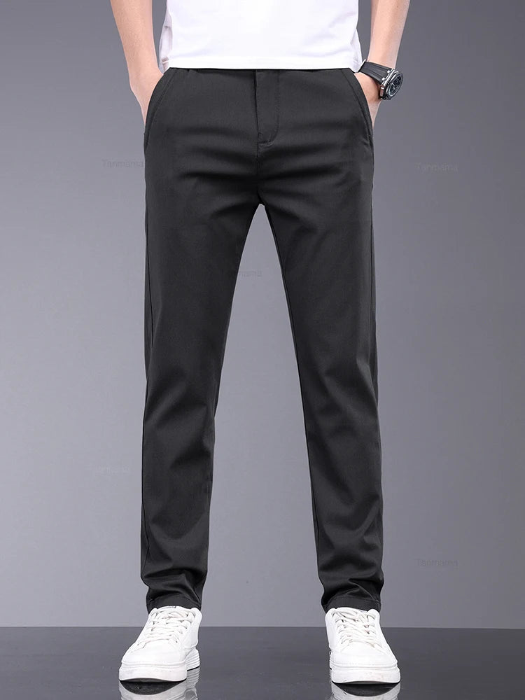 Men's Slim Straight Trousers - Soft, Thin, Bamboo Fiber Fabric with Elastic Stretch