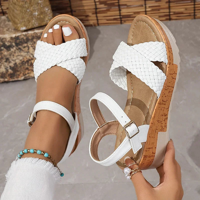 Stylish Woven Ankle Strap Wedge Sandals for Women – Braided Platform Heels with Thick Sole
