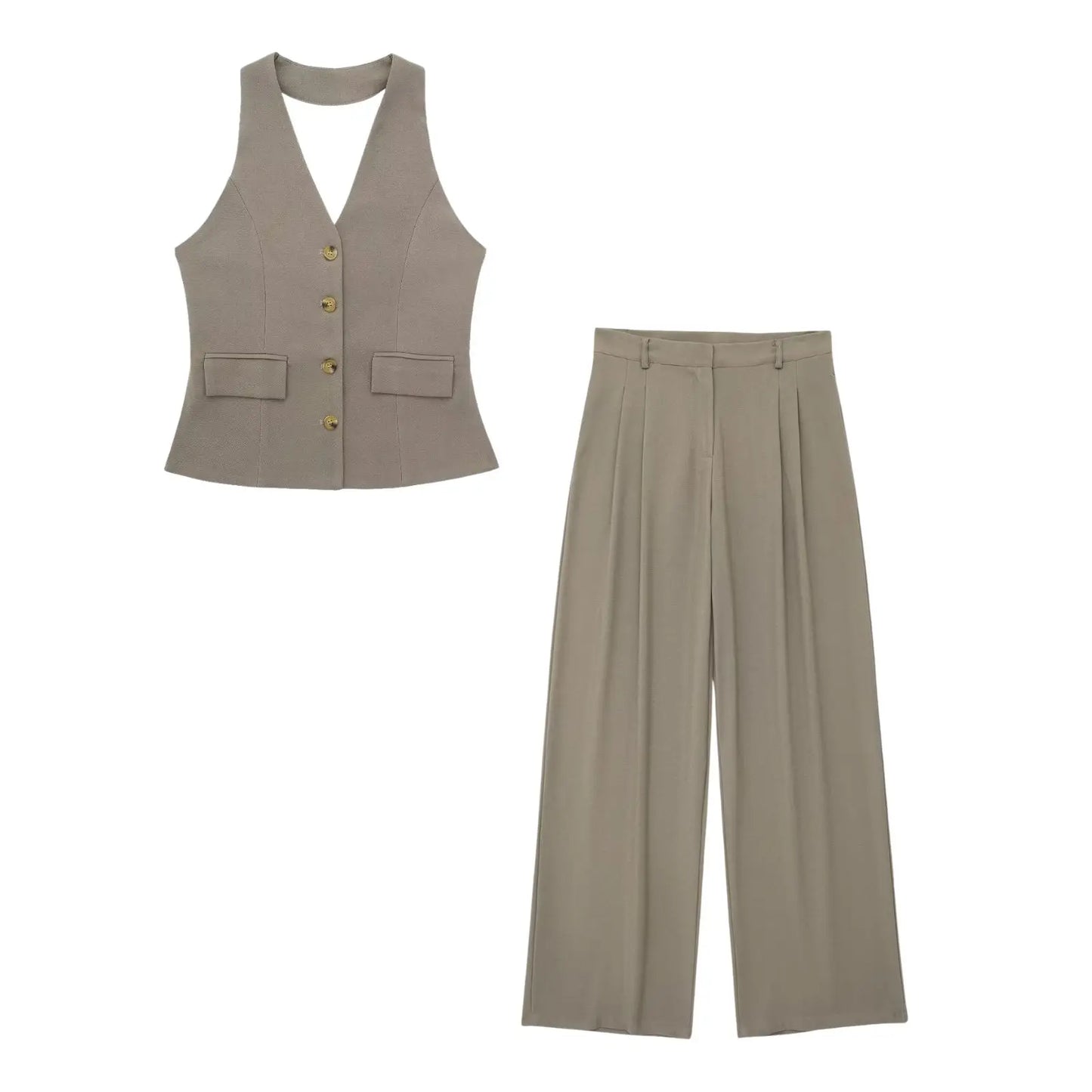 Women's Halter Neck Sleeveless Vest Top & Wide-Leg Pants 2-Piece Set