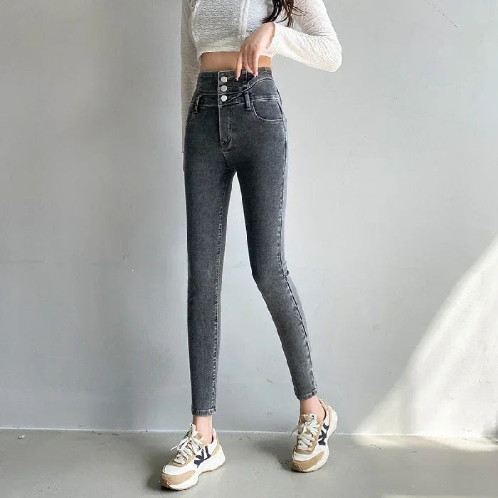 Women's High-Waisted Stretch Denim Pants with Multi-Button Closure