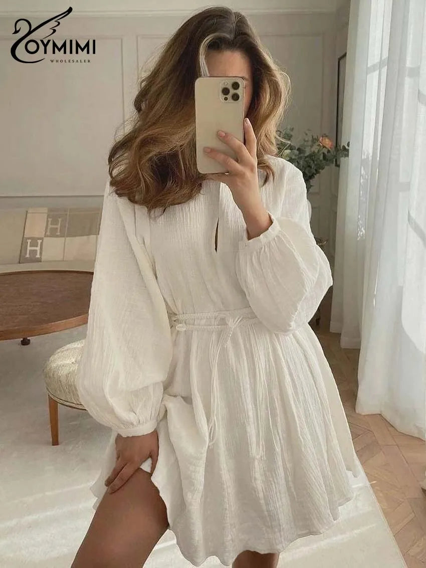 Elegant Women's Cotton V-Neck Lace-Up Loose Pleated Mini Dress by Oymimi