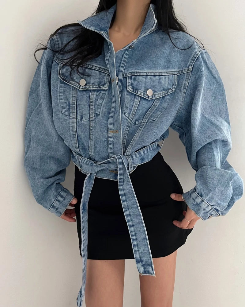 Women's Casual Long Sleeve Cropped Denim Jacket