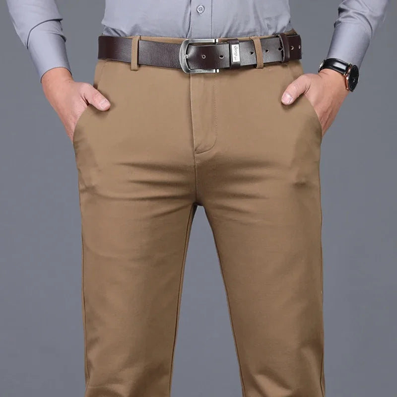 Classic Men's High-Waist Stretch Cotton Straight Trousers