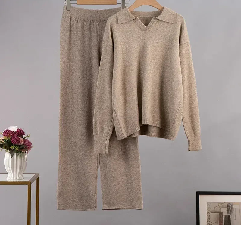 Women's Thick Knitted 2 Piece Set: Soft Polo Neck Sweater & Wide Leg Pants