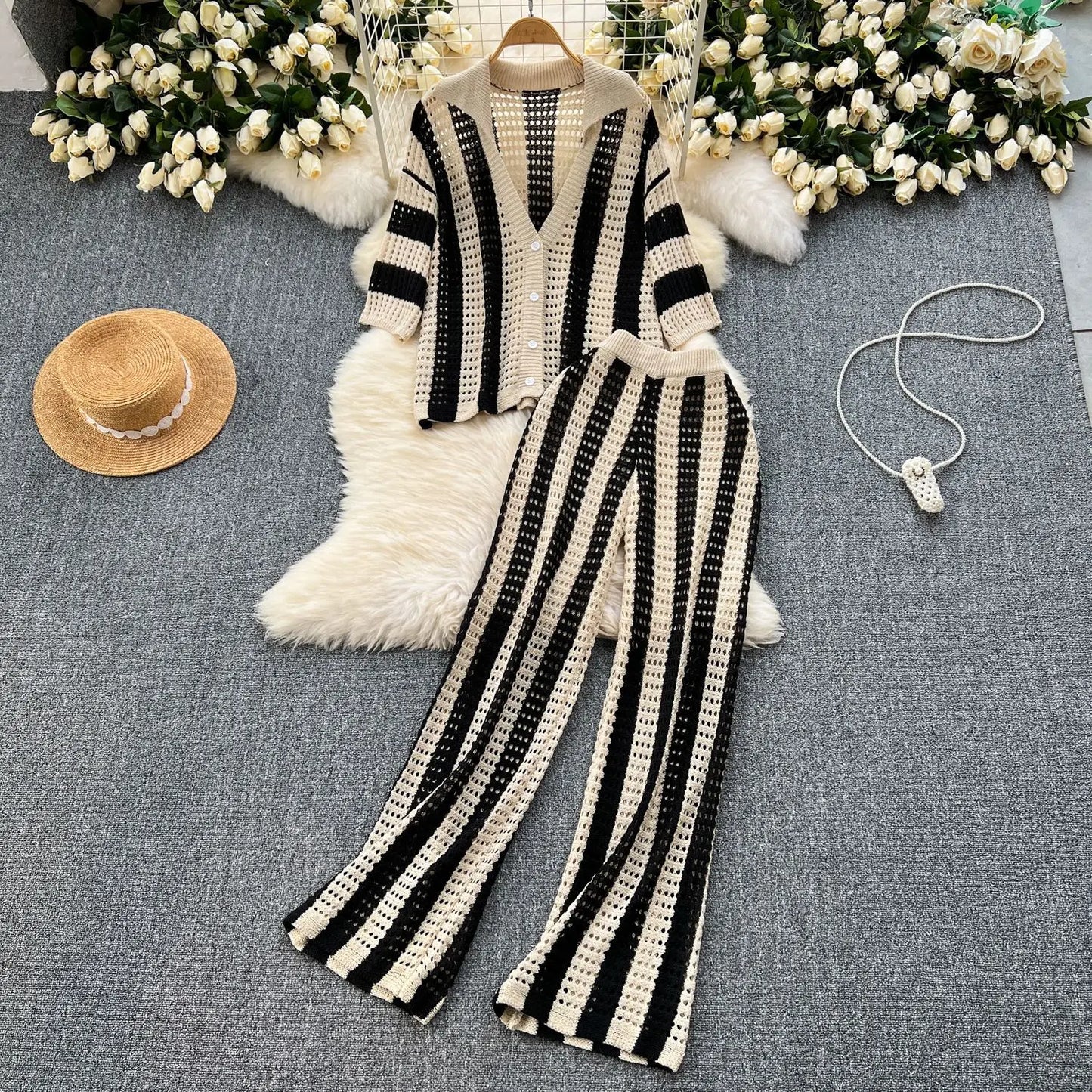 Wishyear Women's Two-Piece Striped Knit V-Neck Hollow Out Button Top & Wide Leg Pants Set