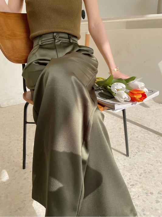 Elegant High-Waist Satin Wide-Leg Pants for Women - Chic Straight-Leg Trousers