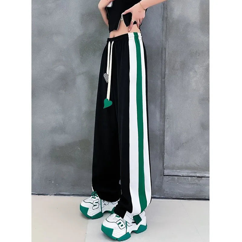 Women’s High Waist Elastic Sweatpants with Drawstring & Striped Design