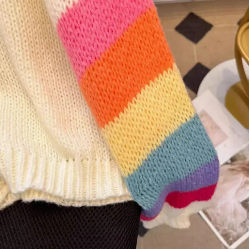Rainbow-Striped Knitted Women's Cardigan with Button Closure