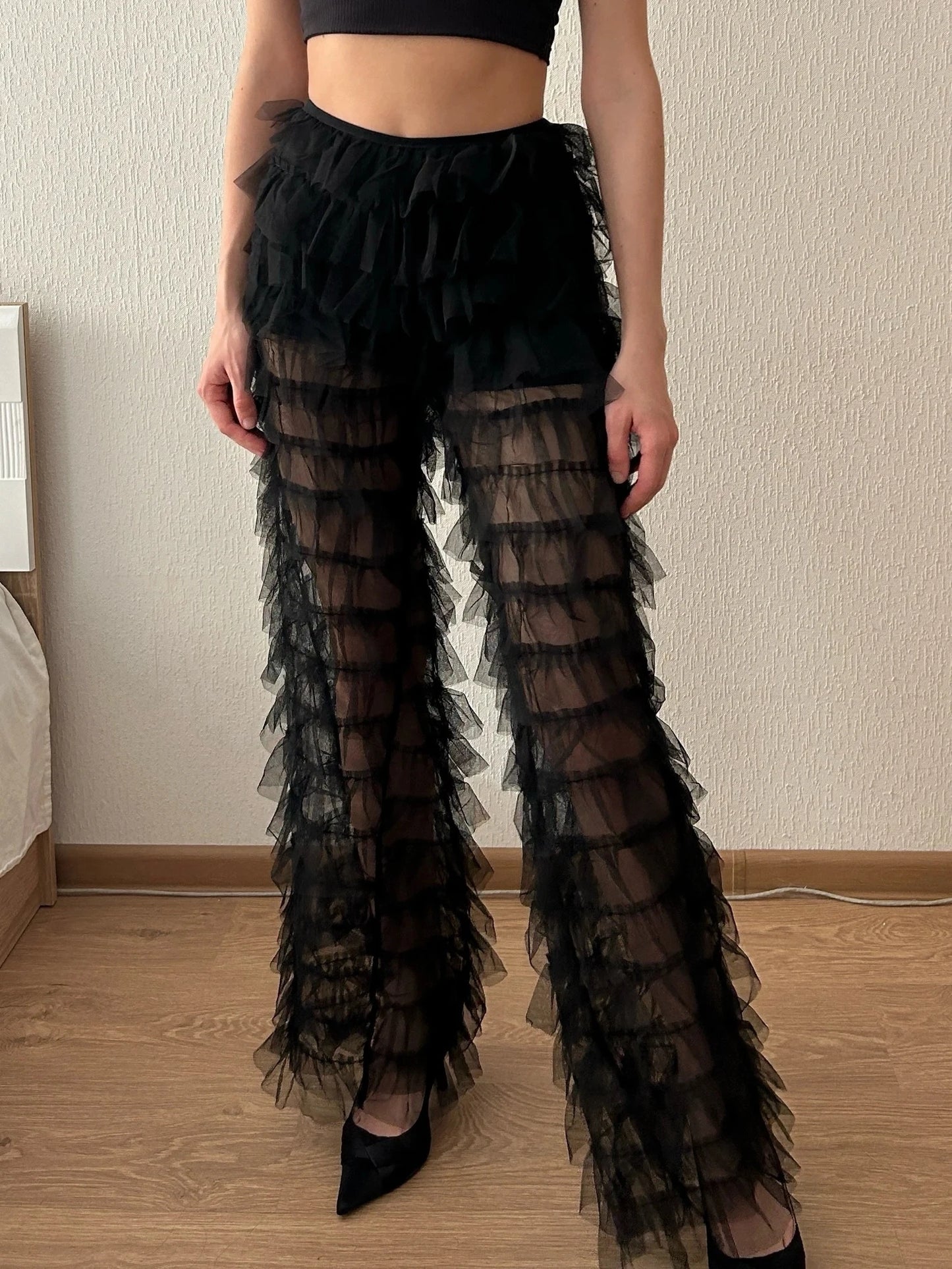 Women's Sheer Flare Trousers with Tiered High Waist and Mesh Detail