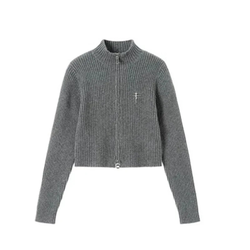 Women's Vintage Zipper Cardigan - Cropped Knit Sweater for Women