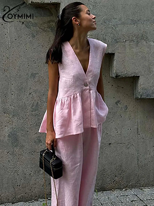 Women's 2-Piece Blue Cotton Linen Set: V-Neck Backless Halter Lace-Up Vest and Straight Pants