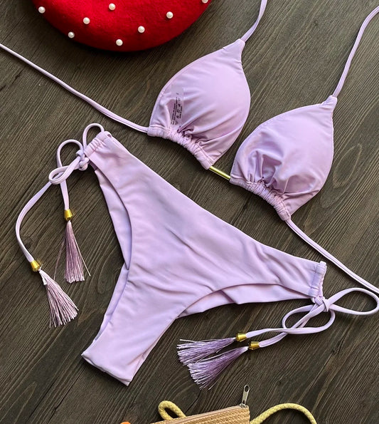 Womens Triangle Bikini Halter - Push Up Metal Chain Bikini Set - Various Colors