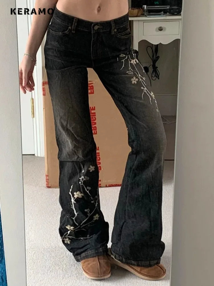 Keramo Women's Plant Embroidery Flare Jeans - Vintage Denim Trousers for Women