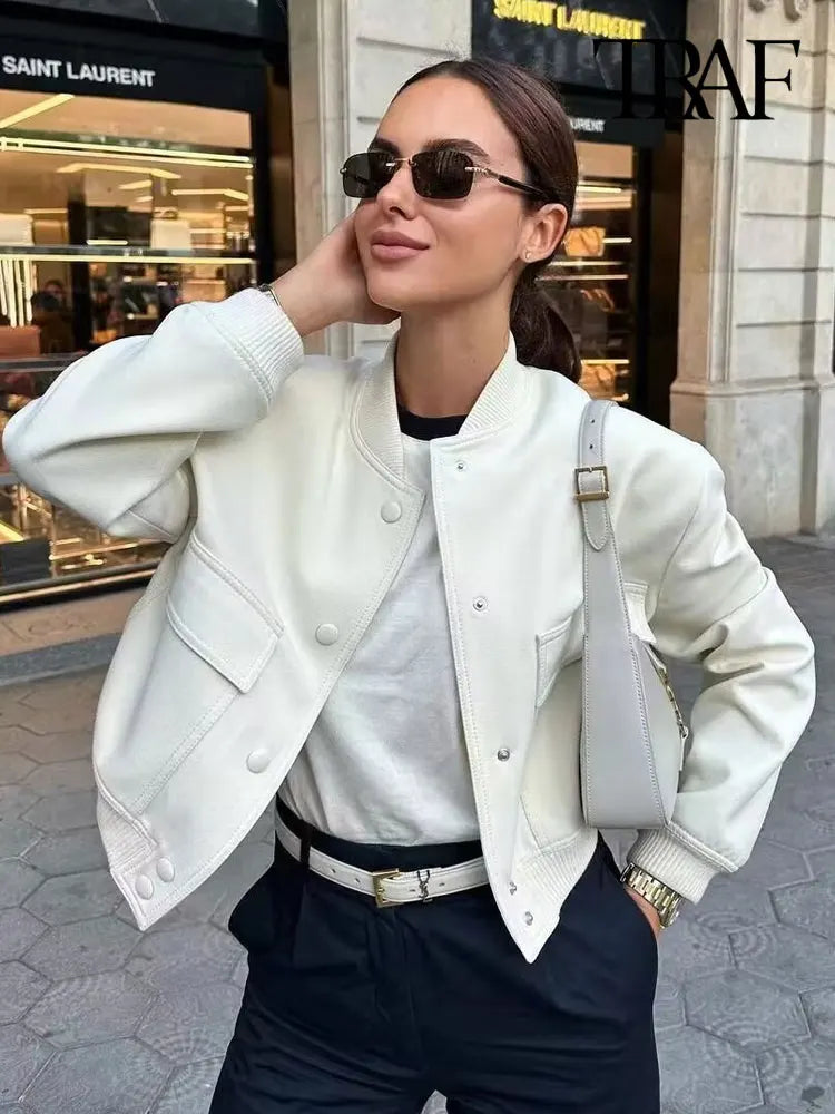 TRAF Long Sleeve Women's Front Button Jacket with Vintage Style and Pockets